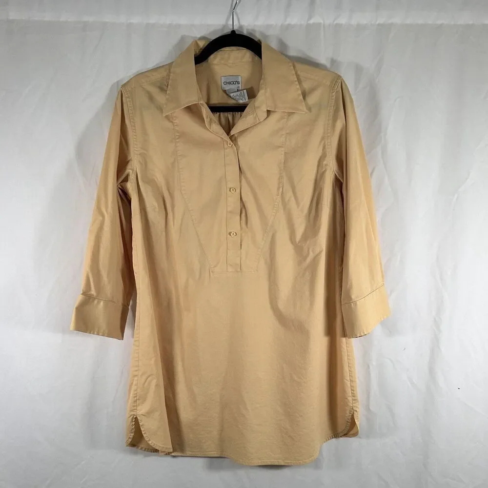 Chico's Blouse Women's Medium Yellow 1/2 Button 3/4 Sleeve Cotton Blend